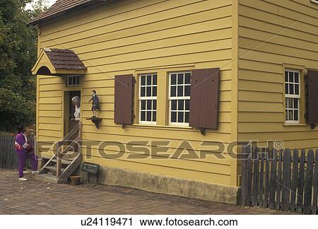 Stock Image -  Old Salem, Winston-Salem, Moravian, North Carolina, Miksch House in Old Salem a living history restoration of the Moravian Church town of Salem founded in 1766 in Winston-Salem in the state of North Carolina.. Fotosearch