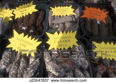 Stock Photo -  outdoor market, sausage, Burgundy, France, Beaune, Europe, Dry sausage for sale at the Saturday Market in the town of Beaune The Heart of Burgundy, France. . Fotosearch