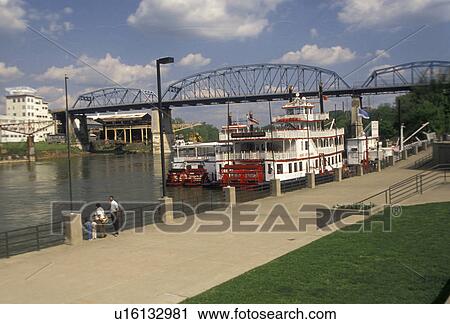 Stock Image -  paddle wheeler, Nashville, River Front Park, Tennessee, Paddle-wheel cruise riverboats docked at River Front Park on the Cumberland River in Nashville in the state of Tennessee. . Fotosearch