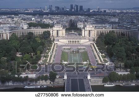 Stock Photograph -  Paris, aerial, France, City of Light, Europe, Aerial view of Paris, Jardins du Trocadero, and Palais de Chaillot along the Seine River from the Eiffel Tower in Paris, France.. Fotosearch