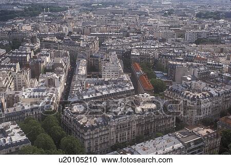 Stock Image -  Paris, aerial, France, The City of Light, Europe, Aerial view of Paris from the Eiffel Tower in Paris, France.. Fotosearch