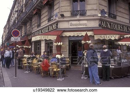 Stock Image -  Paris, France, Europe, outdoor cafe, Ile de la Cite, Aux Tours de Notre Dame cafe-brasserie in Paris.. Fotosearch