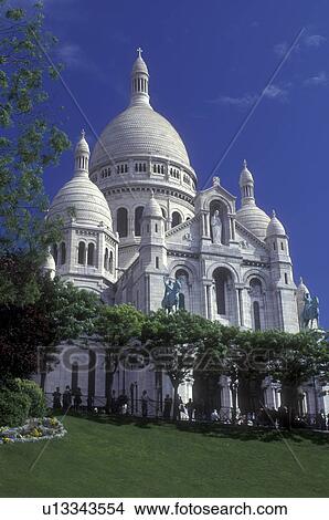 Picture -  Paris, France, Sacre Coeur, Europe, Montmartre, The elaborate 19th-century Basilique du Sacre Coeur stands majestically on the hill of Montmartre in Paris.. Fotosearch