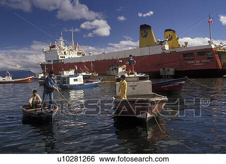 Stock Photograph -  Patagonia, Chile, Pacific Ocean, Fishermen bringing their boats to be anchored in the harbor as a passenger/cargo ferry boat is docked in Puerto Natales in Chile. . Fotosearch