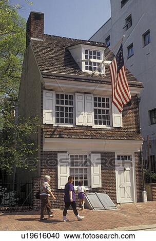 Stock Image -  Philadelphia, Betsy Ross, American Flag, Pennsylvania, The Betsy Ross House a colonial home in historical downtown Philadelphia in the state of Pennsylvania. . Fotosearch