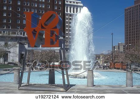 Picture -  Philadelphia, Pennsylvania, love, The red LOVE Statue and fountain at Kennedy Plaza in downtown Philadelphia, Pennsylvania.. Fotosearch