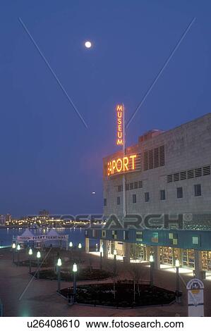 Stock Image -  Philadelphia, Pennsylvania, Penn's Landing, museum, Moonrise above the Independence Seaport Museum at night on Historic Penn's Landing on the Delaware River in Philadelphia, Pennsylvania.. Fotosearch