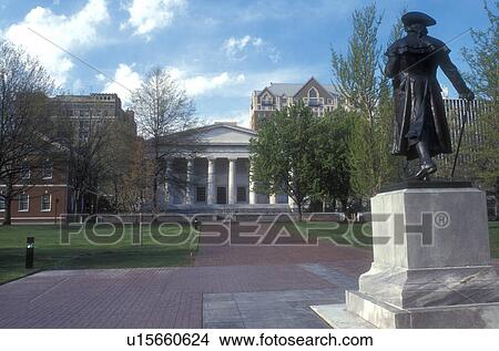 Picture -  Philadelphia, Pennsylvania, Independence National Historic Park, statue in front of Second Bank of the United States a Greek Revival building.. Fotosearch