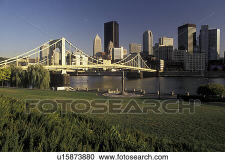 Pittsburgh, skyline, bridge, Pennsylvania, A view of the downtown skyline of Pittsburgh and 7th Street Bridge which crosses the Allegheny River in the state of Pennsylvania. View Large Photo Image Stock Image - Pittsburgh, skyline, bridge, Pennsylvania, A view of the downtown skyline of Pittsburgh and 7th Street Bridge which crosses the Allegheny River in the state of Pennsylvania. . Fotosearch