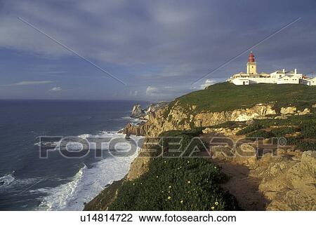 Stock Image -  Portugal, Lighthouse on Cabo da Roca Europe's Westernmost Point on the Atlantic Ocean.. Fotosearch
