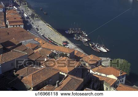 Portugal, Porto, Aerial view of the rooftops of Vila de Gaia on the Rio Douro View Large Photo Image Stock Photo - Portugal, Porto, Aerial view of the rooftops of Vila de Gaia on the Rio Douro . Fotosearch