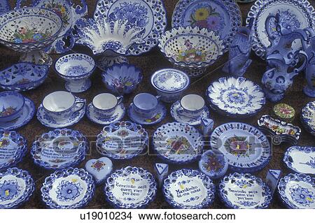 pottery, Portugal, Algarve, Display of Portuguese blue and white pottery. View Large Photo Image Picture - pottery, Portugal, Algarve, Display of Portuguese blue and white pottery.. Fotosearch