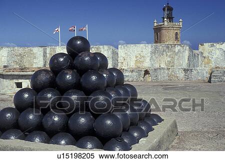 Stock Photography -  Puerto Rico, San Juan, Caribbean, Old San Juan, fort, Porto Rico, Caribbean Islands, Pile of cannonballs at Fort San Felipe del Morro (El Morro Castle) in Old San Juan, Puerto Rico. . Fotosearch