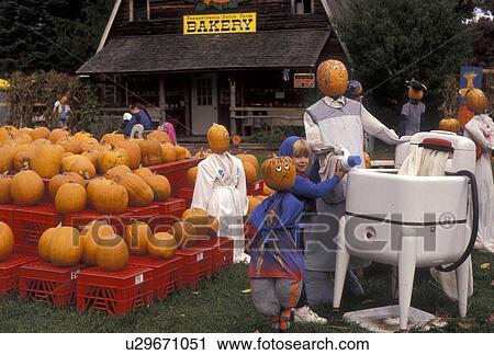 Stock Image -  pumpkins, farm market, Pocono Mountains, Pennsylvania, A humorous pumpkin scarecrow display with an antique washing machine at a Pennsylvania Dutch Farm market in the fall in Mount Pocono in the state of Pennsylvania. . Fotosearch