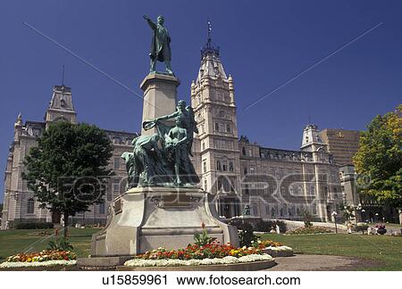 Stock Image -  Quebec City, Quebec, Canada, Statue in front of the Parliament Buildings constructed in French Renaissance style in Quebec City in the Province of Quebec, Canada.. Fotosearch
