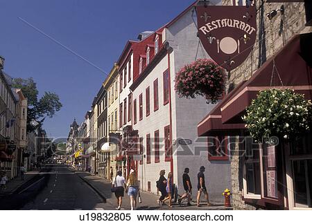Stock Photography -  Quebec City, Quebec, Canada, Restaurants and boutiques along Rue Saint Louis in Old Quebec City in the Province of Quebec, Canada.. Fotosearch
