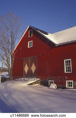 Stock Photo -  red barn, winter, Vermont, VT, Red barn in the snow in Underhill in winter.. Fotosearch