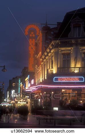 Reims, Champagne Region, France, Marne, Europe, Hotel and restaurant in downtown Reims illuminated at night in France. View Large Photo Image Picture - Reims, Champagne Region, France, Marne, Europe, Hotel and restaurant in downtown Reims illuminated at night in France. . Fotosearch