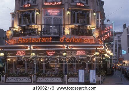 Stock Image -  Reims, restaurant, Champagne Region, France, Marne, Europe, Restaurant in downtown Reims illuminated at night in France. . Fotosearch