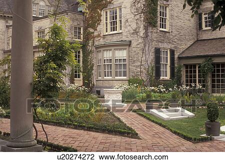 Stock Image -  Rochester, Eastman Kodak, George Eastman, New York, photography, The East Terrace Garden at The George Eastman House in Rochester in the state of New York.. Fotosearch