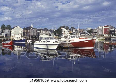 Rockport, Massachusetts, Atlantic Ocean, Boats (fishing, lobster) in the harbor of a scenic fishing village. The boats' reflection shows on the calm water. View Large Photo Image Stock Photo - Rockport, Massachusetts, Atlantic Ocean, Boats (fishing, lobster) in the harbor of a scenic fishing village. The boats' reflection shows on the calm water.. Fotosearch