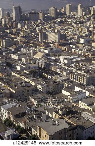 Stock Photograph -  San Francisco, aerial, downtown, Bay Area, California, Aerial view of downtown San Francisco in the state of California. . Fotosearch