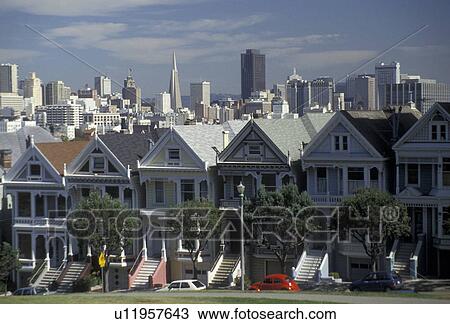 San Francisco, California, Pastel colored Victorian Style Houses in Alamo Square Historical District with skyline of downtown San Francisco in the distance in the state of California., View Large Photo Image Stock Image - San Francisco, California, Pastel colored Victorian Style Houses in Alamo Square Historical District with skyline of downtown San Francisco in the distance in the state of California., . Fotosearch