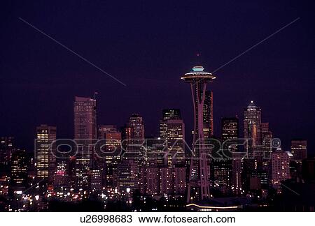 Stock Image -  Seattle, skyline, space needle, Washington, Downtown skyline of Seattle at night in the state of Washington. . Fotosearch