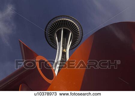 Seattle, Space Needle, Washington, Looking up at the Space Needle with a red sculpture below at Seattle Center in Seattle in the state of Washington. View Large Photo Image Stock Image - Seattle, Space Needle, Washington, Looking up at the Space Needle with a red sculpture below at Seattle Center in Seattle in the state of Washington. . Fotosearch