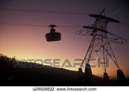 Stock Image -  skylift, cable car, aerial tramway, Silhouette, Stone Mountain, summit, Georgia's Stone Mountain Park, Atlanta, Georgia, Silhouette of a cable car at sunset on the summit of Stone Mountain in Georgia's Stone Mt. Park near Atlanta in the state of Georgia.. Fotosearch