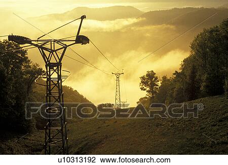 Stock Image -  skylift, power line, West Virginia, Bluestone River Gorge, Canyon Tramway at Pipestem Resort State Park in Pipestem in the state of West Virginia.. Fotosearch