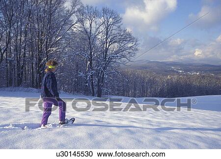 snowshoe, Vermont, Woman snowshoeing alone in a field of snow in Montpelier in the winter in Washington County in the state of Vermont View Large Photo Image Stock Image - snowshoe, Vermont, Woman snowshoeing alone in a field of snow in Montpelier in the winter in Washington County in the state of Vermont . Fotosearch