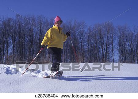 Picture -  snowshoeing, winter, Vermont, A woman wearing a yellow jacket and pink hat snowshoes on snow covered field on a winter day in Montpelier in Washington County in the state of Vermont.. Fotosearch