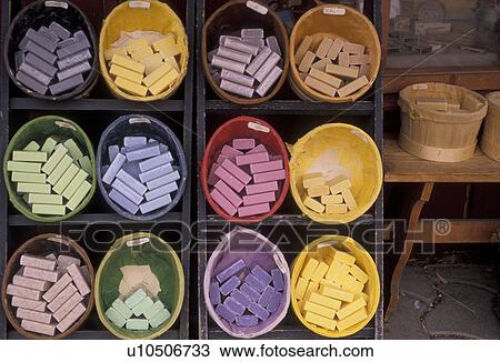 Stock Image -  soap, market, Switzerland, Lausanne, Vaud, Europe, Colorful soap is displayed in colorful wooden baskets at a street market at Place de la Palud in Lausanne in the Canton of Vaud.. Fotosearch