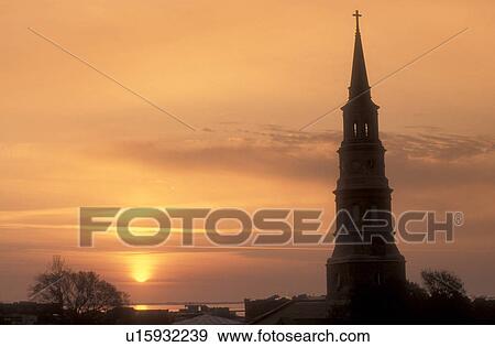 South Carolina, Charleston, The steeple of St. Philip's Episcopal Church at sunset in downtown Charleston, South Carolina. View Large Photo Image Stock Photo - South Carolina, Charleston, The steeple of St. Philip's Episcopal Church at sunset in downtown Charleston, South Carolina.. Fotosearch