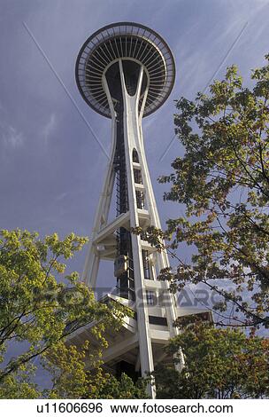 Stock Photograph -  Space Needle, Seattle, Washington, Looking up at the Space Needle at Seattle Center in Seattle in the state of Washington. . Fotosearch