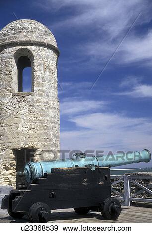 Stock Photo -  St. Augustine, Florida, fort, Cannon at the Spanish fortress of Castillo de San Marcos National Monument in the old city of Saint Augustine in the state of Florida. The oldest masonry fort in the United States.. Fotosearch