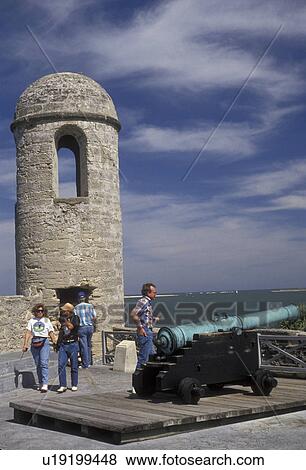 Stock Photo -  St. Augustine, fort, Florida, Tourists visiting the Spanish fortress of Castillo de San Marcos National Monument in the old city of Saint Augustine in the state of Florida. The oldest masonry fort in the United States.. Fotosearch