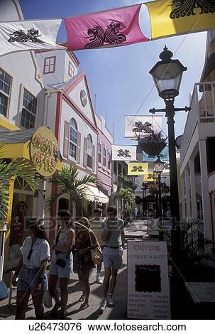 Stock Photograph -  St. Maarten, Caribbean, Philipsburg, Caribbean Islands, Tourists shopping on Old Street in Philipsburg the Dutch capital on the island of Sint Maarten (dutch part).. Fotosearch