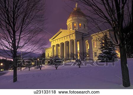 State Capitol, State House, Montpelier, Vermont, winter, The snow covered State House illuminated at night in the capital city of Montpelier in Washington County in the state of Vermont. View Large Photo Image Stock Photo - State Capitol, State House, Montpelier, Vermont, winter, The snow covered State House illuminated at night in the capital city of Montpelier in Washington County in the state of Vermont. . Fotosearch