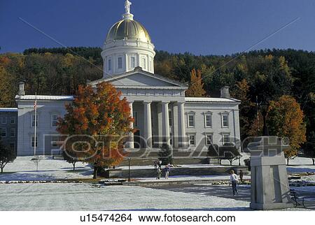 Picture -  State House, State Capitol, Montpelier, Vermont, First snow in the fall on the grounds of the beautiful granite made State House topped with a golden dome in Montpelier.. Fotosearch