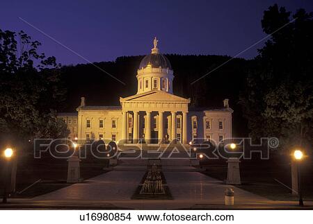 Picture -  State House, State Capitol, Montpelier, Vermont, The State House is illuminated at night in Montpelier in the state of Vermont.. Fotosearch