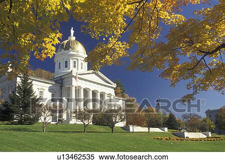 State House, State Capitol, Montpelier, Vermont, The majestic State House is framed with golden maple leaves in autumn in the capital city of Montpelier in the state of Vermont. View Large Photo Image Stock Photography - State House, State Capitol, Montpelier, Vermont, The majestic State House is framed with golden maple leaves in autumn in the capital city of Montpelier in the state of Vermont. . Fotosearch