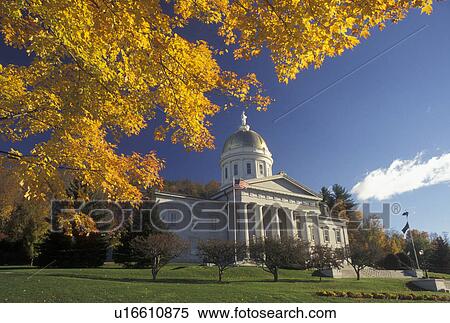 State House, State Capitol, Montpelier, Vermont, The majestic State House is framed with colorful maple leaves in autumn in the capital city of Montpelier in the state of Vermont. View Large Photo Image Stock Photography - State House, State Capitol, Montpelier, Vermont, The majestic State House is framed with colorful maple leaves in autumn in the capital city of Montpelier in the state of Vermont. . Fotosearch