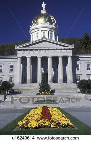 State House, State Capitol, Vermont, Montpelier, The beautiful State House in Montpelier with the golden dome is decorated with fall flowers on the Capital Grounds. View Large Photo Image Picture - State House, State Capitol, Vermont, Montpelier, The beautiful State House in Montpelier with the golden dome is decorated with fall flowers on the Capital Grounds.. Fotosearch
