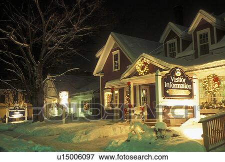 Stowe, winter, resort town, Vermont, The Stowe Visitor Information Center is decorated with lights in the evening for the Christmas holiday season in Stowe in Lamoille County in the state of Vermont. View Large Photo Image Stock Photo - Stowe, winter, resort town, Vermont, The Stowe Visitor Information Center is decorated with lights in the evening for the Christmas holiday season in Stowe in Lamoille County in the state of Vermont.. Fotosearch
