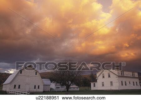 Stock Image -  sunset, clouds, farm, barn, Vermont, Colorful clouds light up at sunset behind a white barn and farmhouse in Underhill in Lamoille County in the state of Vermont.. Fotosearch