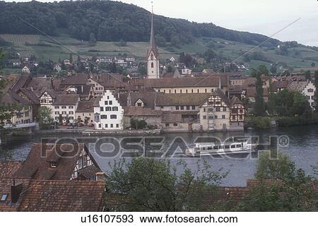 Switzerland, Rhine River, Stein, Europe, View of a tourboat cruising along the Rhine River in the picturesque village of Stein am Rhein in the Canton of Schaffhausen. View Large Photo Image Stock Image - Switzerland, Rhine River, Stein, Europe, View of a tourboat cruising along the Rhine River in the picturesque village of Stein am Rhein in the Canton of Schaffhausen.. Fotosearch