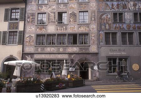 Stock Image -  Switzerland, Stein, Europe, Painted facades of buildings in the picturesque village of Stein am Rhein in the Canton of Schaffhausen.. Fotosearch