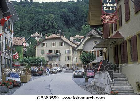 Switzerland, village, Vaud, Europe, Quiet main street in the village of Romainmotier. View Large Photo Image Stock Photo - Switzerland, village, Vaud, Europe, Quiet main street in the village of Romainmotier.. Fotosearch